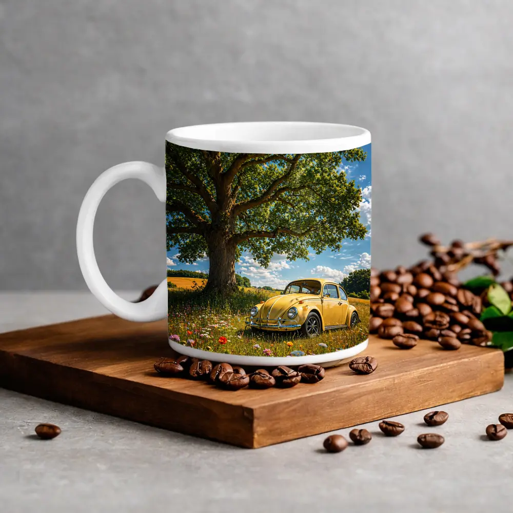 Yellow Volkswagen Beetle Wildflower Field Summer – Mugs