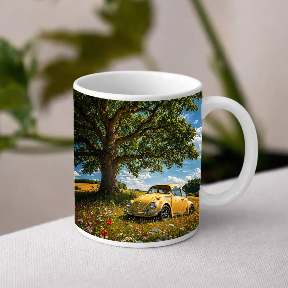 Yellow Volkswagen Beetle Wildflower Field Summer – Mugs