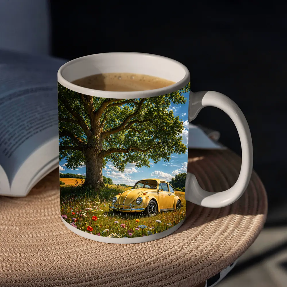 Yellow Volkswagen Beetle Wildflower Field Summer – Mugs