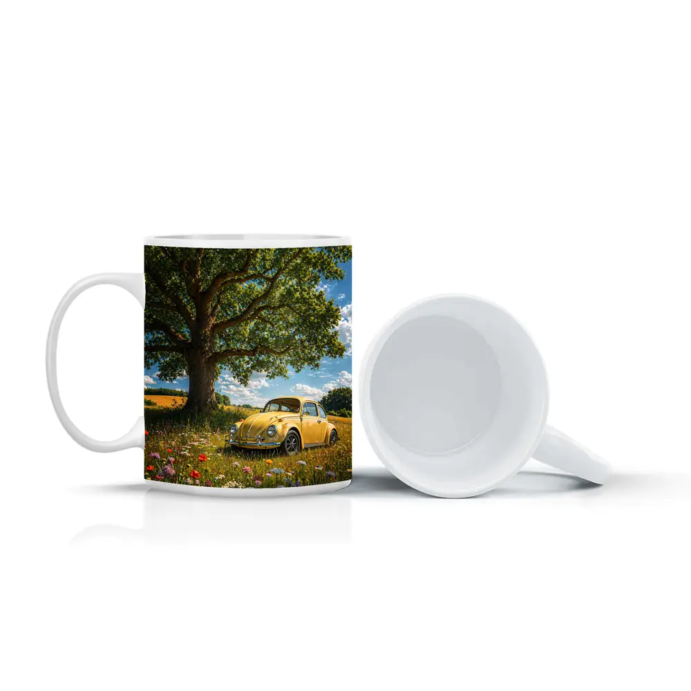 Yellow Volkswagen Beetle Wildflower Field Summer – Mugs