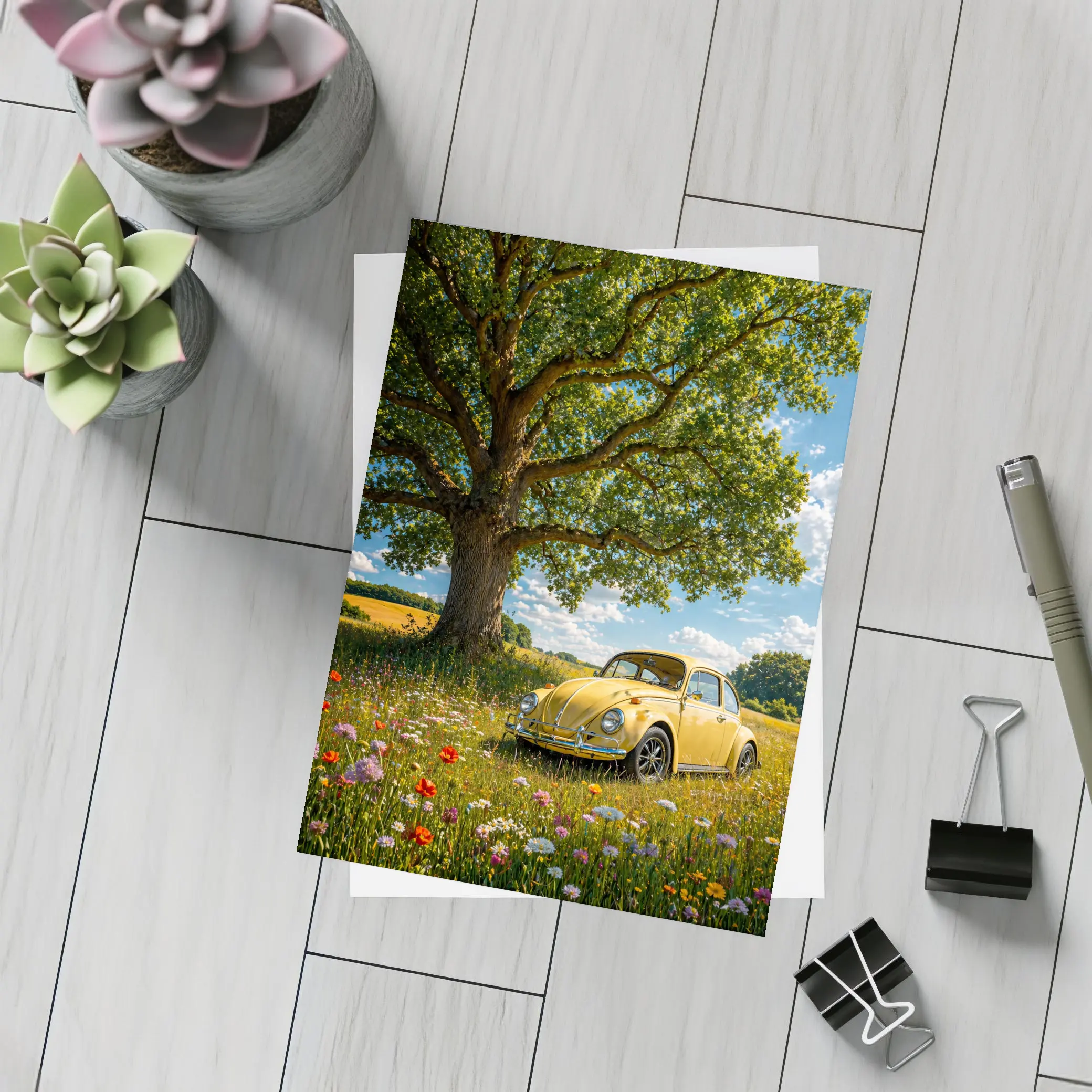 Yellow Volkswagen Beetle Wildflower Field Summer – Postcards