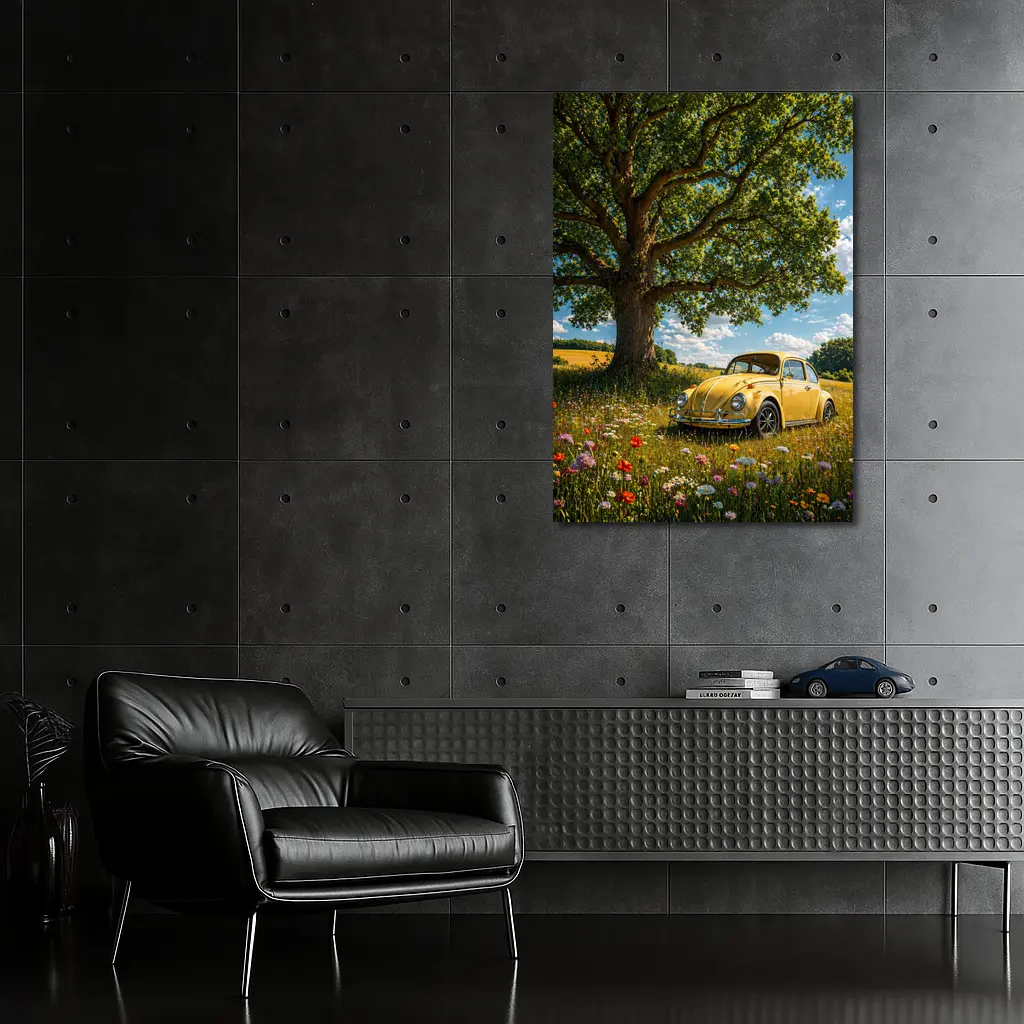 Yellow Volkswagen Beetle Wildflower Field Summer – Wall Art