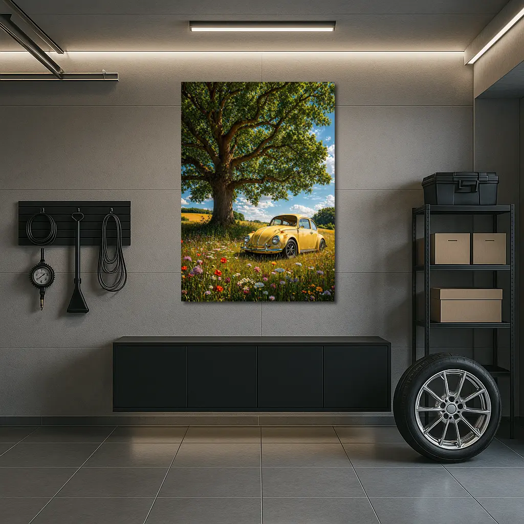 Yellow Volkswagen Beetle Wildflower Field Summer – Wall Art