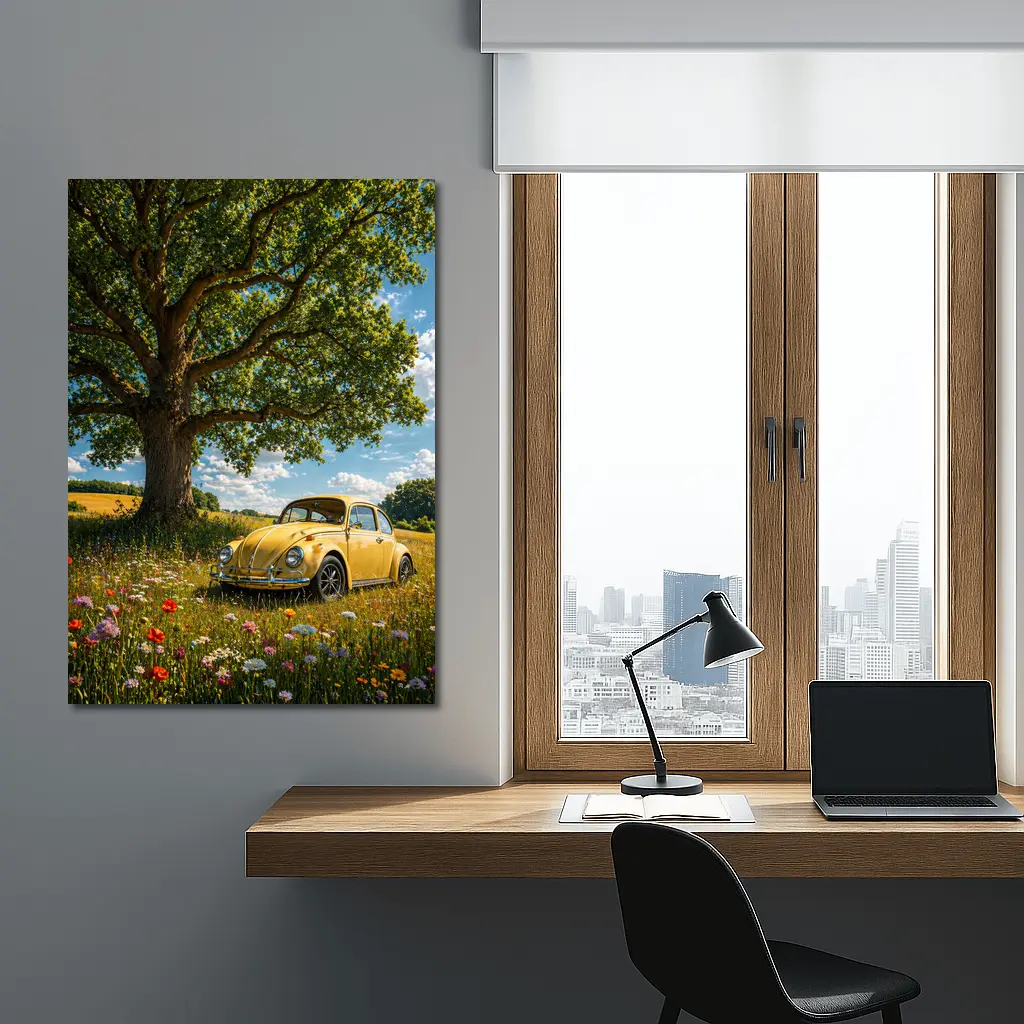 Yellow Volkswagen Beetle Wildflower Field Summer – Wall Art