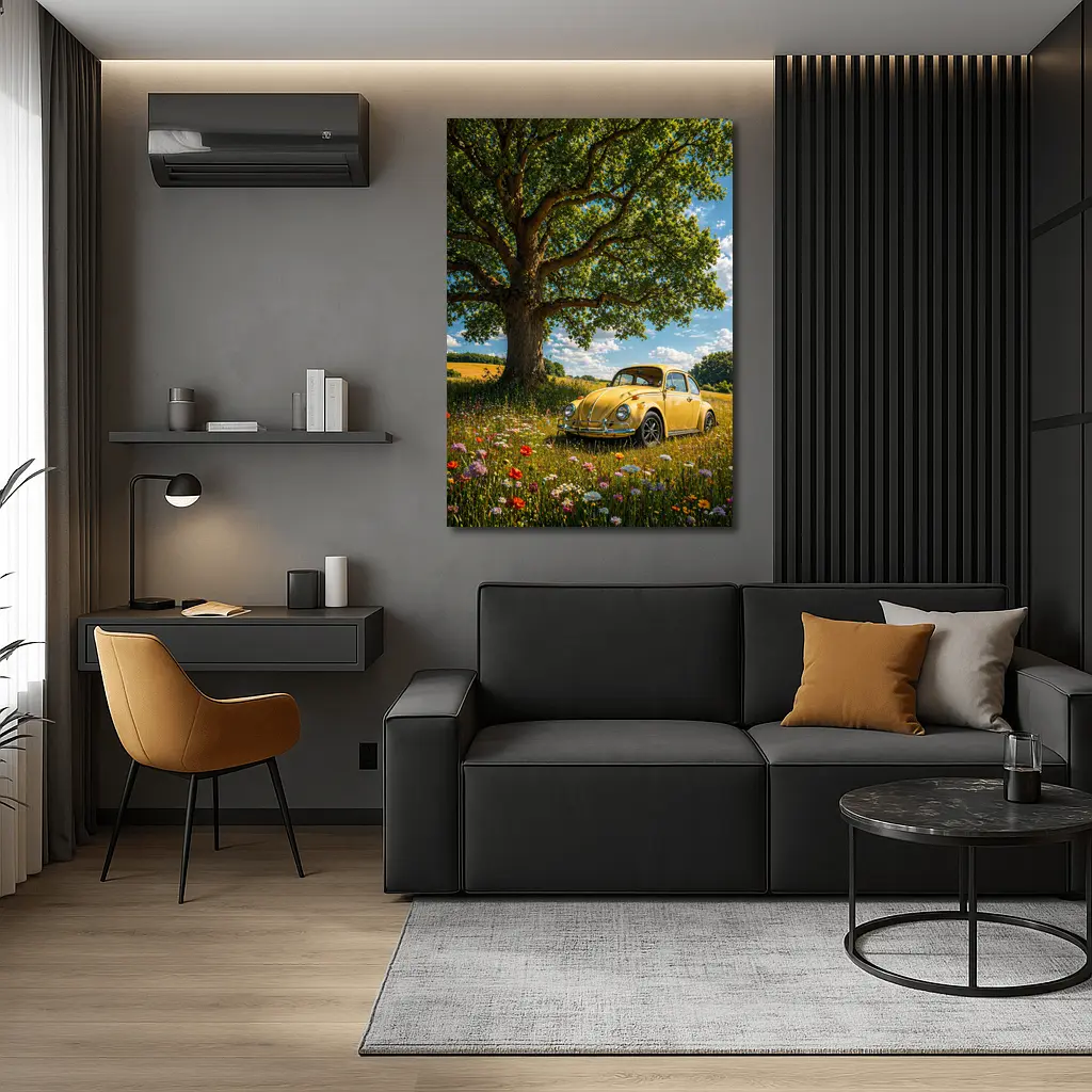 Yellow Volkswagen Beetle Wildflower Field Summer – Wall Art
