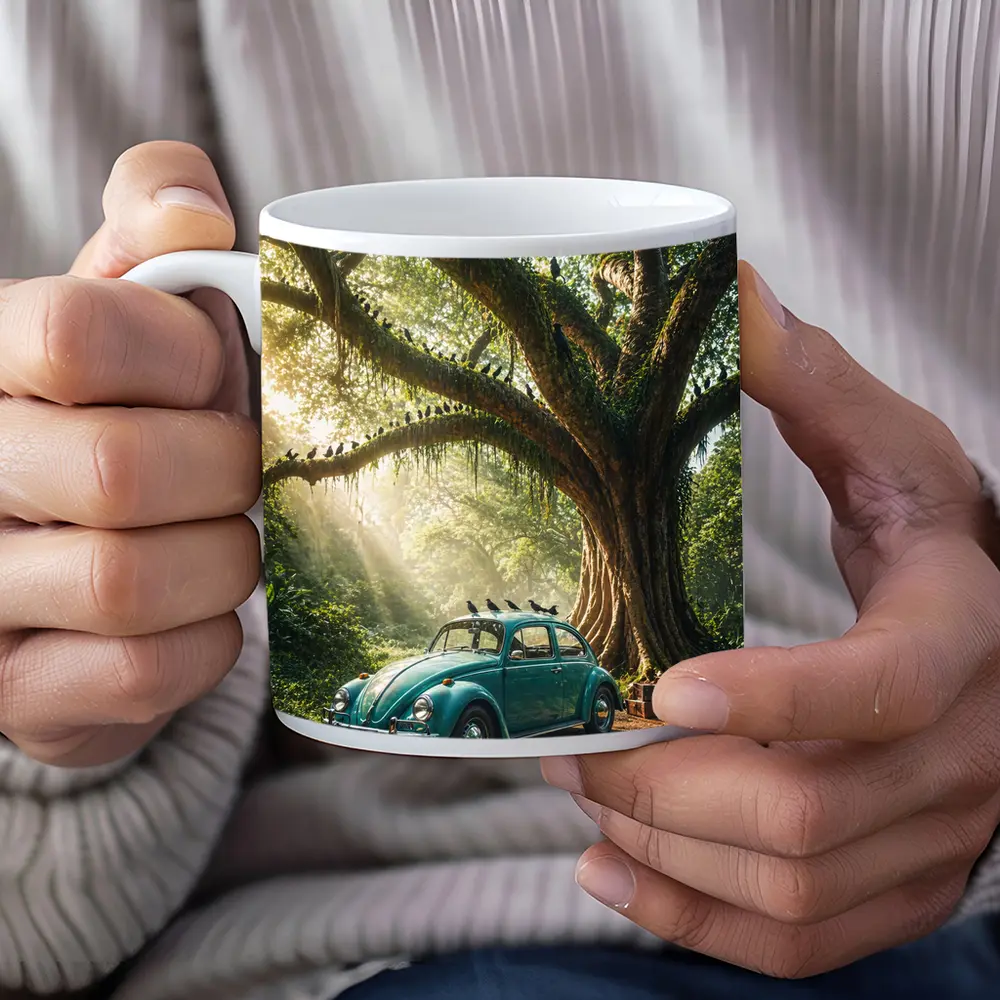 Teal Volkswagen Beetle Under Giant Forest Tree – Mugs