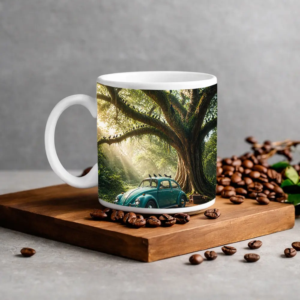 Teal Volkswagen Beetle Under Giant Forest Tree – Mugs