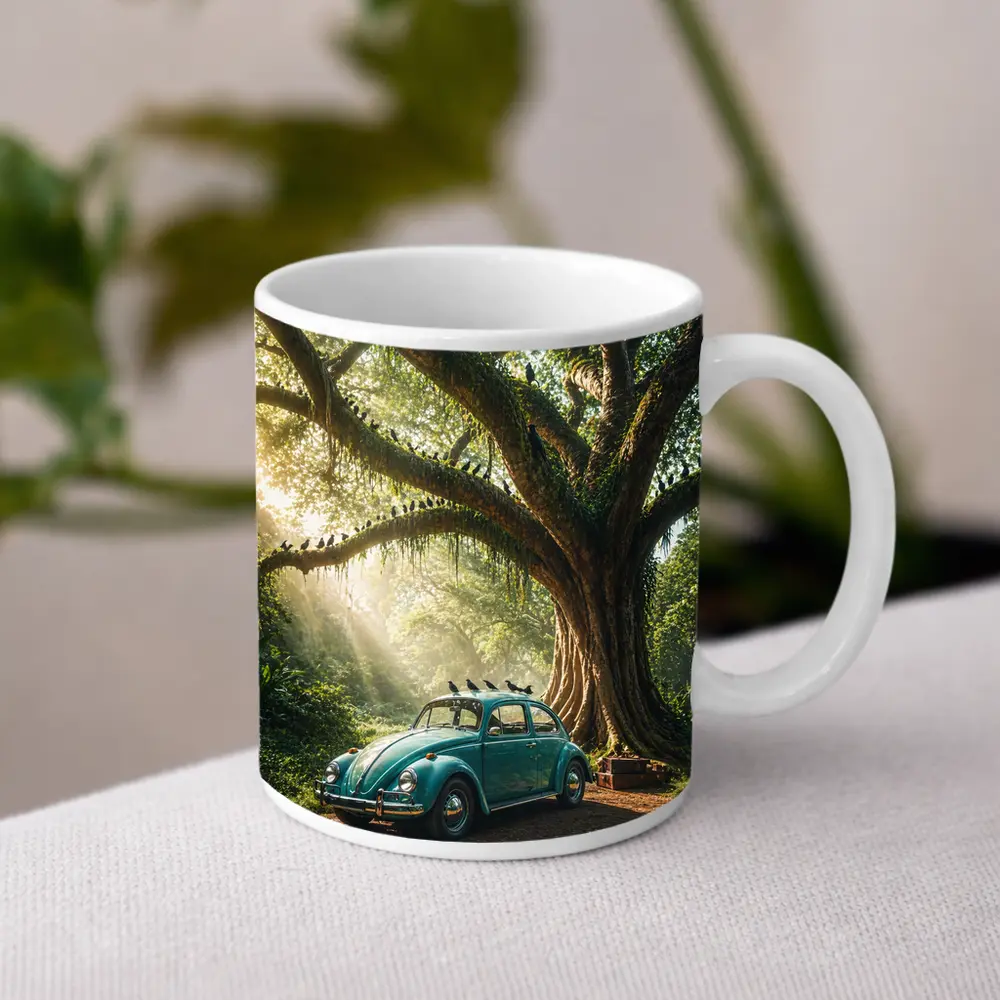 Teal Volkswagen Beetle Under Giant Forest Tree – Mugs