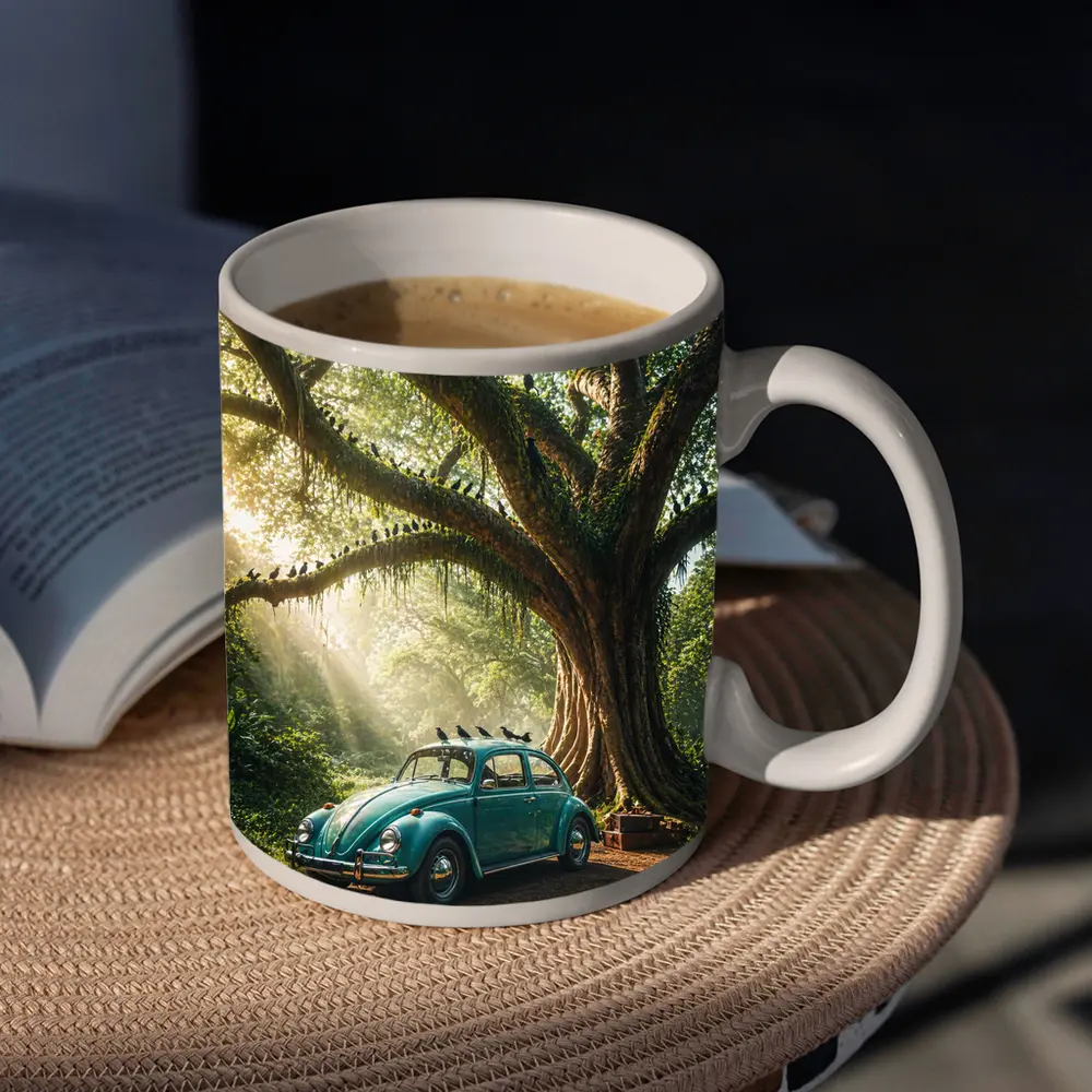 Teal Volkswagen Beetle Under Giant Forest Tree – Mugs