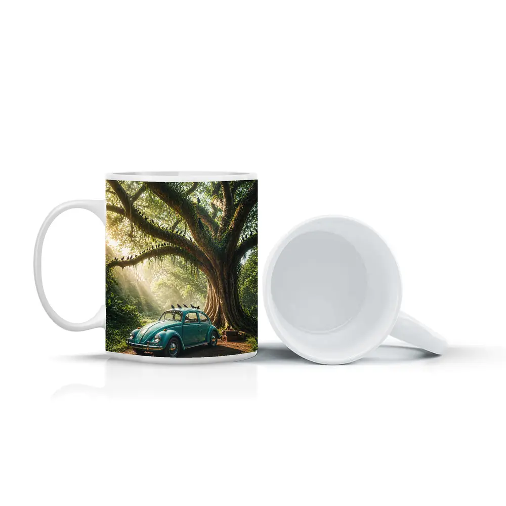 Teal Volkswagen Beetle Under Giant Forest Tree – Mugs