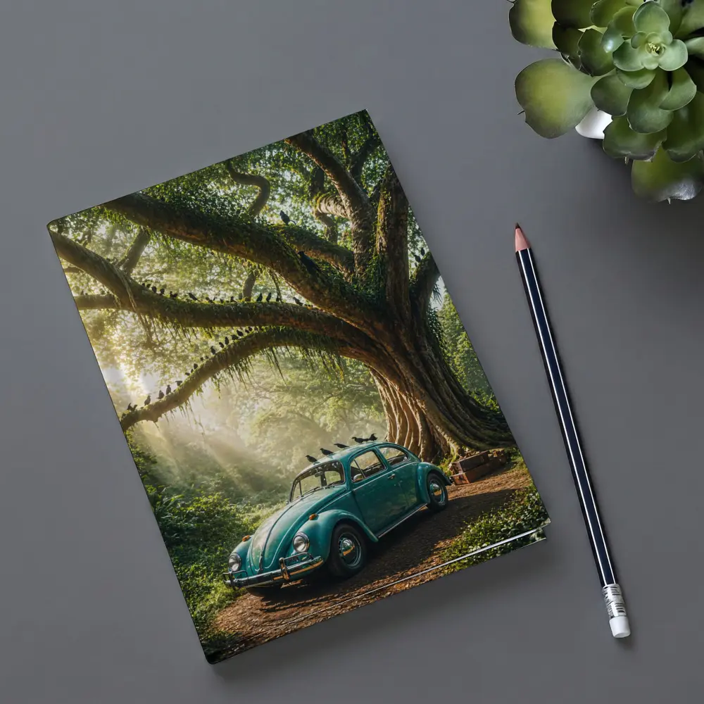 Teal Volkswagen Beetle Under Giant Forest Tree – Notebooks