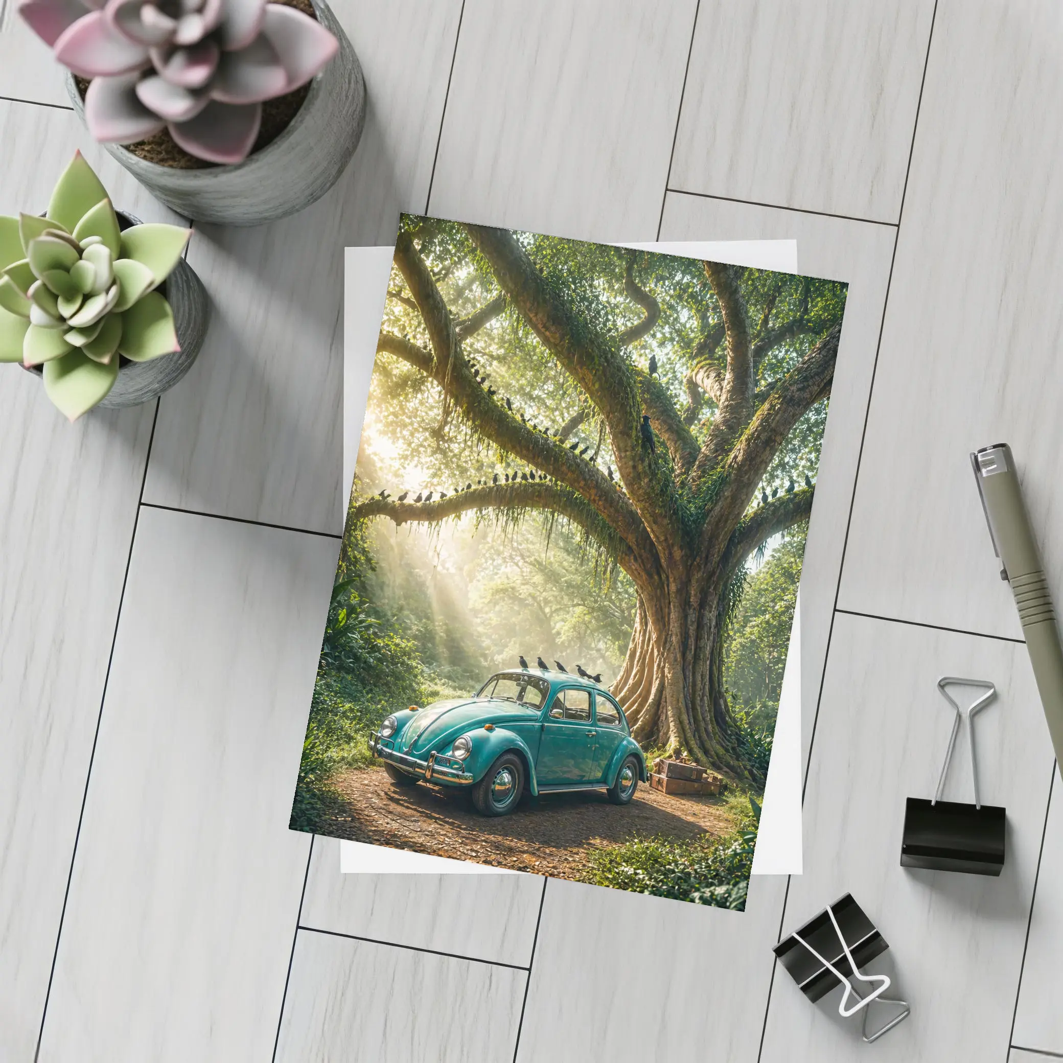 Teal Volkswagen Beetle Under Giant Forest Tree – Postcards