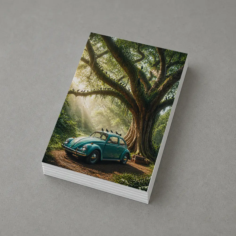 Teal Volkswagen Beetle Under Giant Forest Tree – Postcards