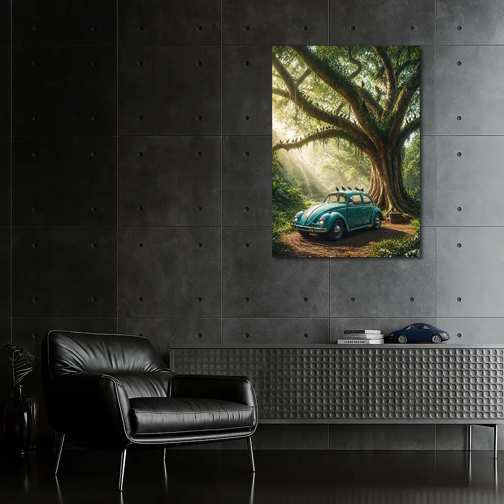 Teal Volkswagen Beetle Under Giant Forest Tree – Wall Art