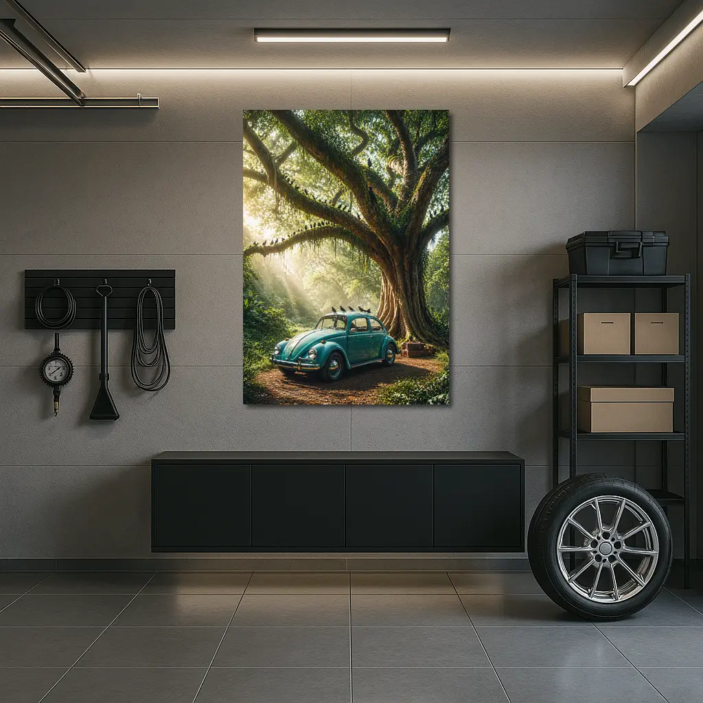 Teal Volkswagen Beetle Under Giant Forest Tree – Wall Art