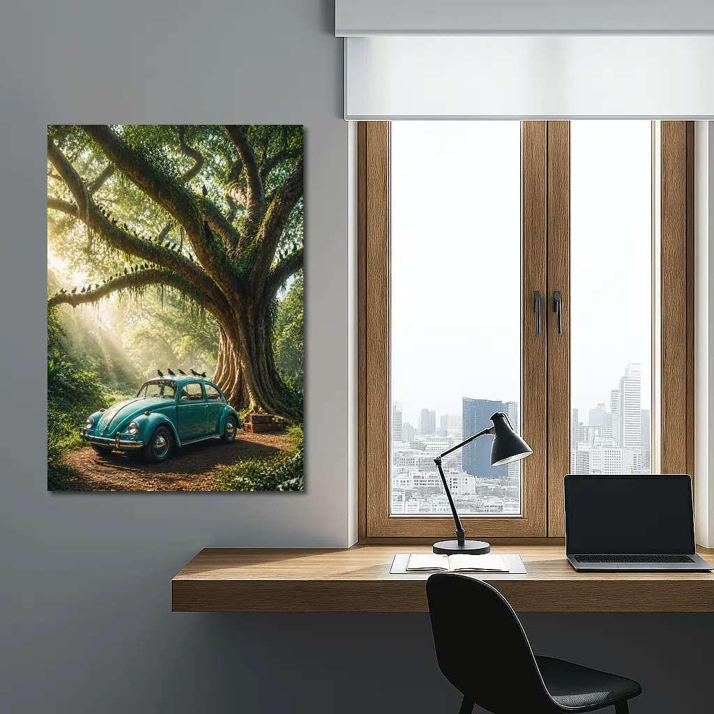 Teal Volkswagen Beetle Under Giant Forest Tree – Wall Art