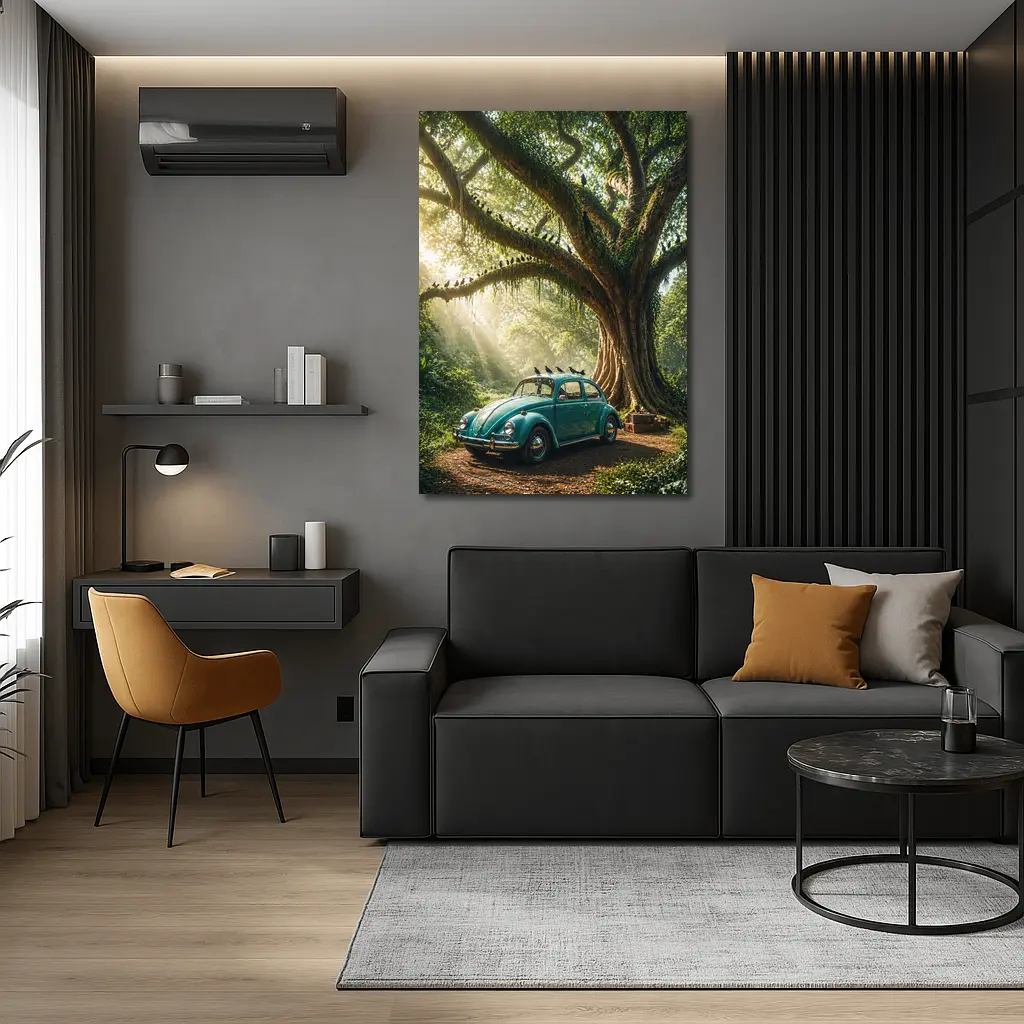 Teal Volkswagen Beetle Under Giant Forest Tree – Wall Art