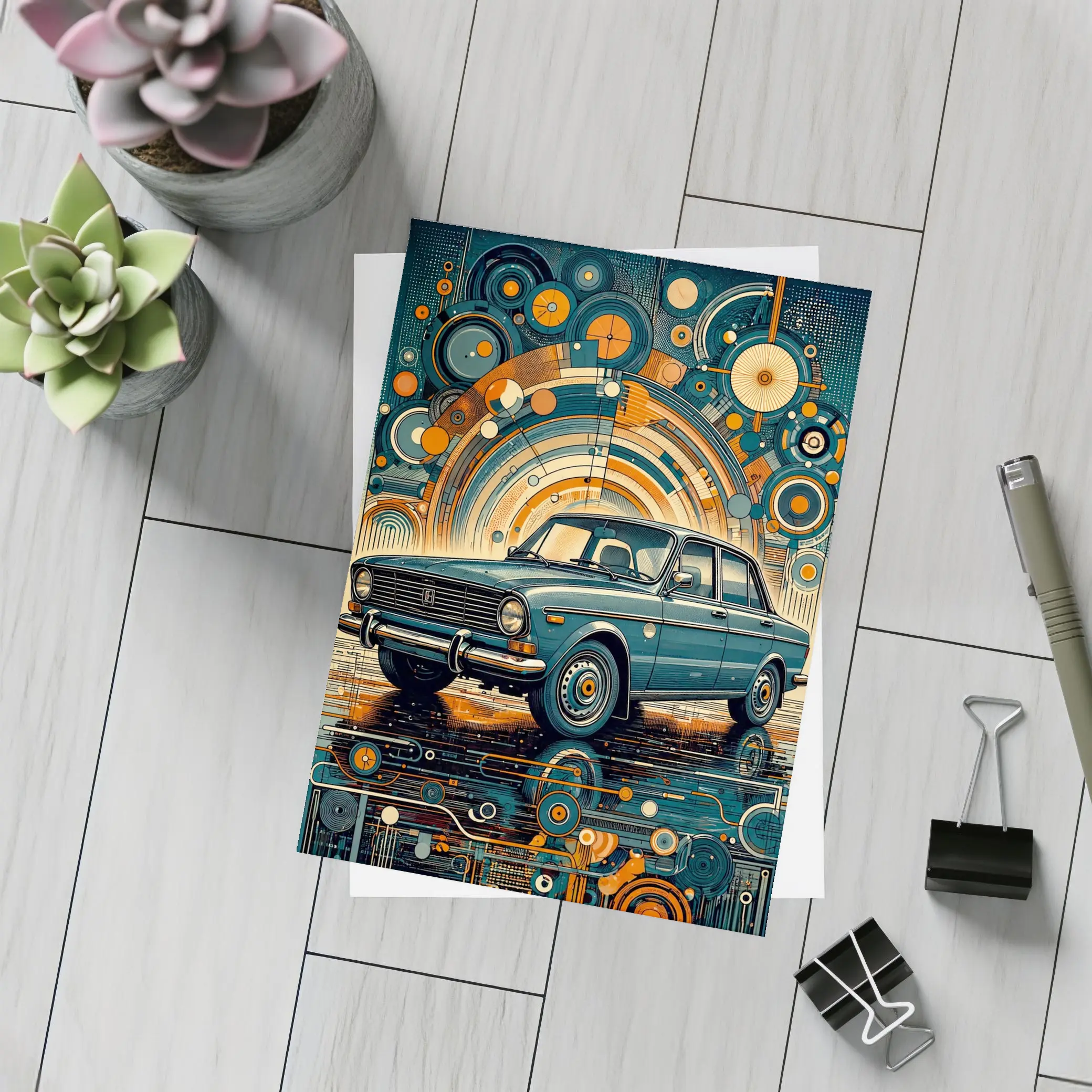 Vintage Soviet Sedan Retro Abstract Background Art – Postcards