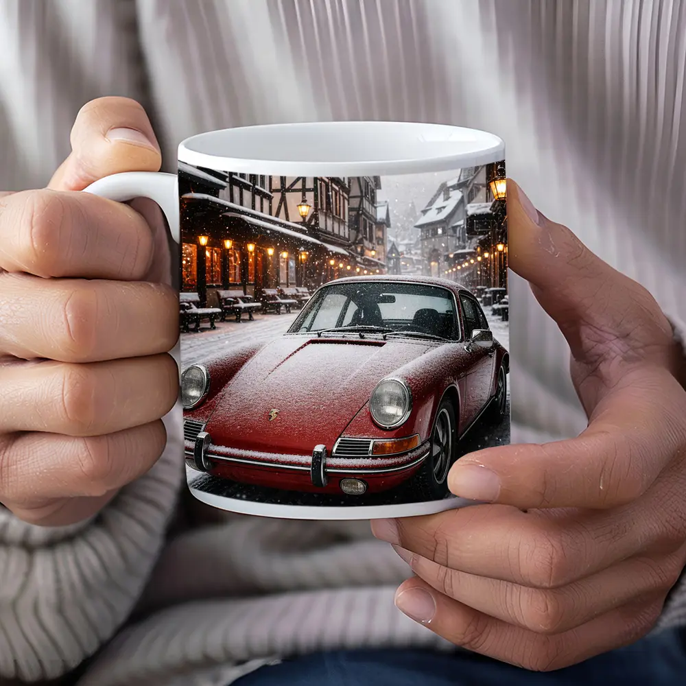 Red Porsche 911 Snowy European Village Street – Mugs