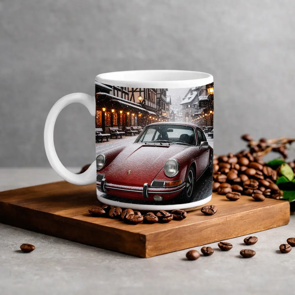 Red Porsche 911 Snowy European Village Street – Mugs