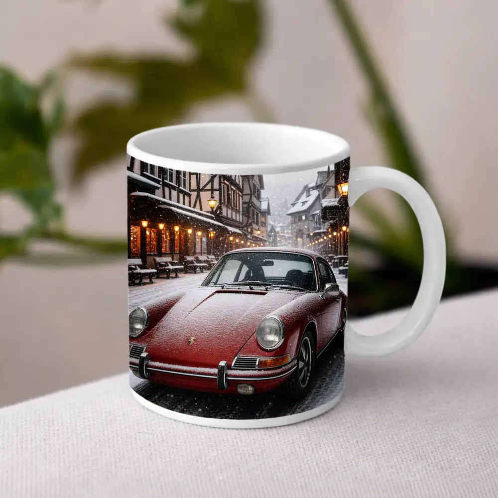 Red Porsche 911 Snowy European Village Street – Mugs