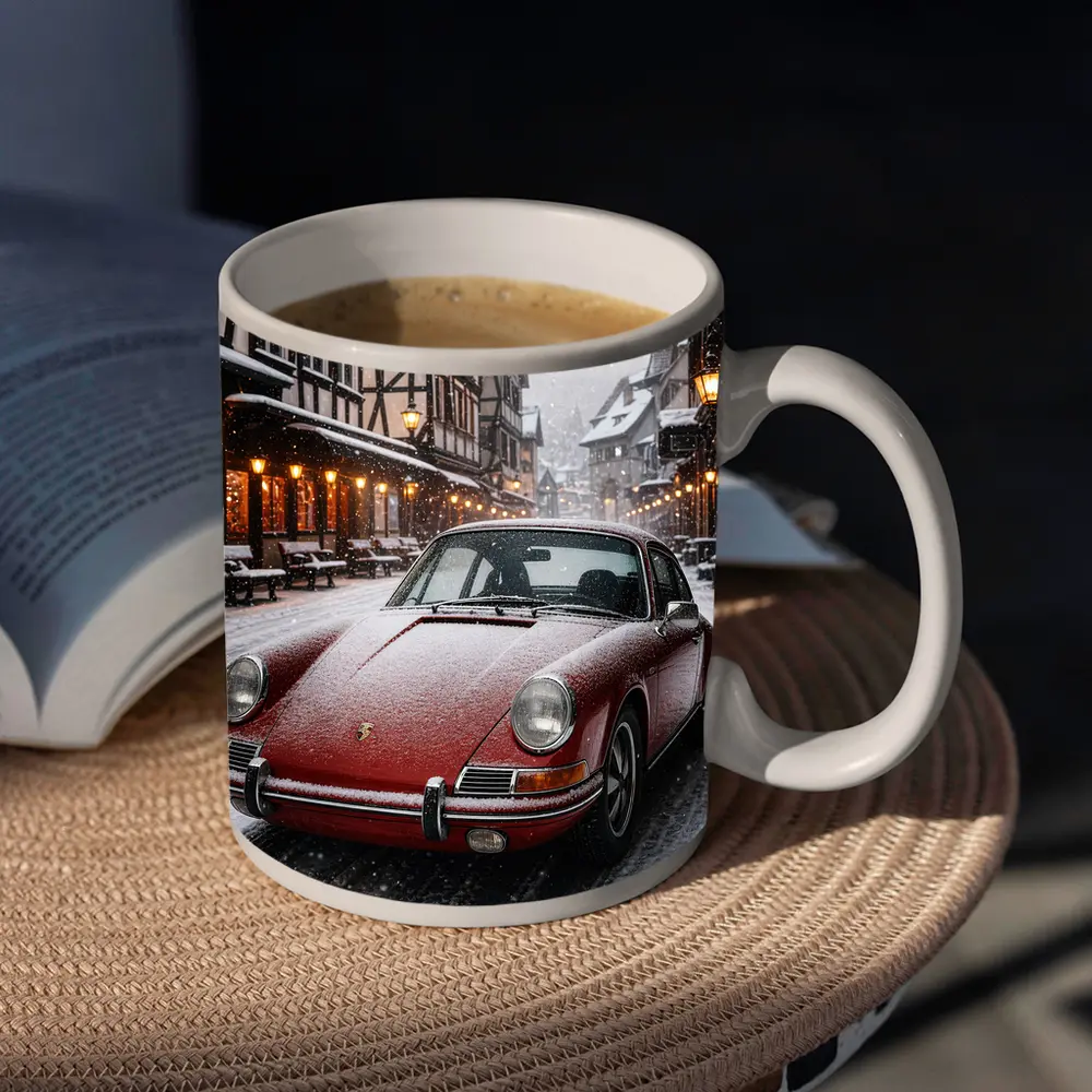 Red Porsche 911 Snowy European Village Street – Mugs