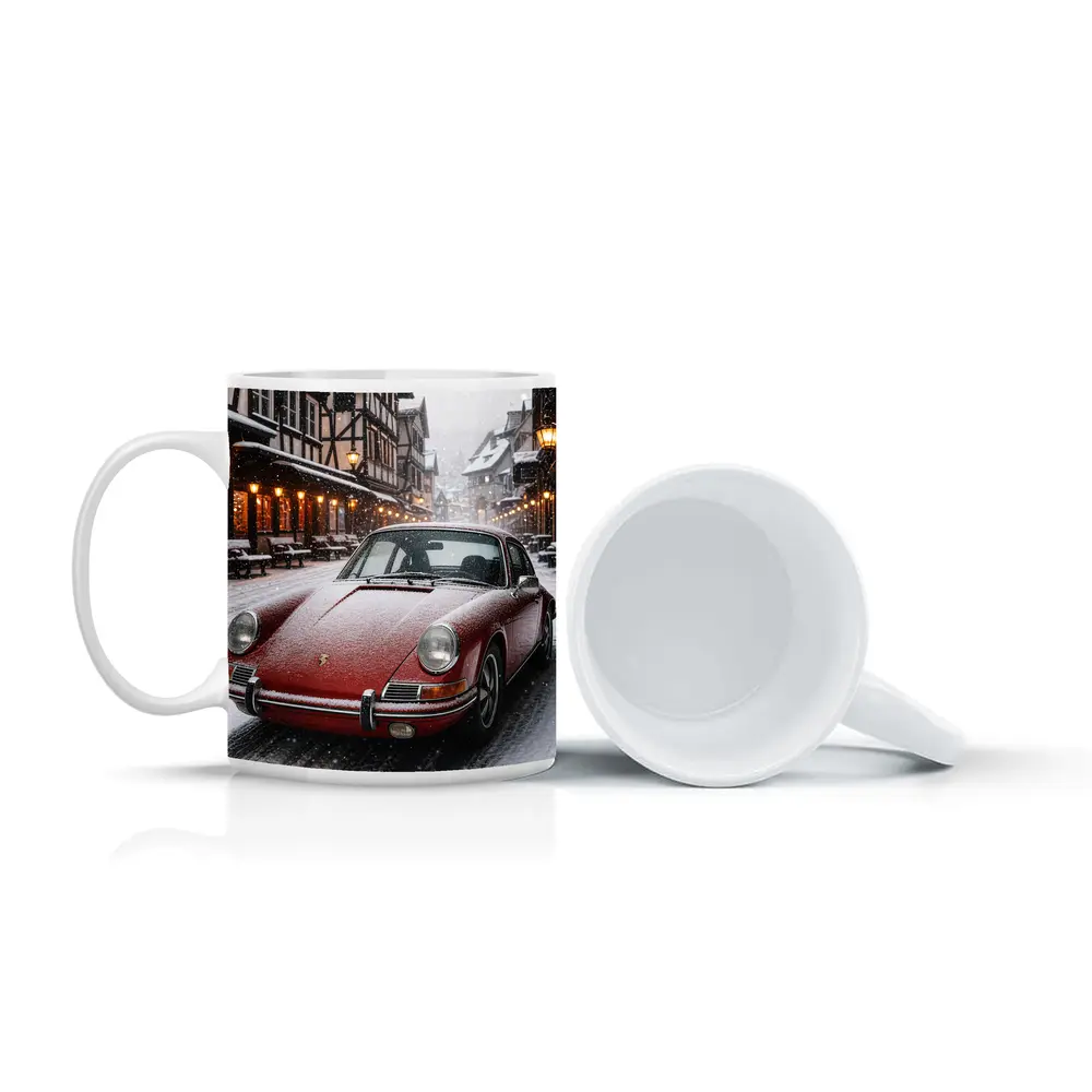 Red Porsche 911 Snowy European Village Street – Mugs