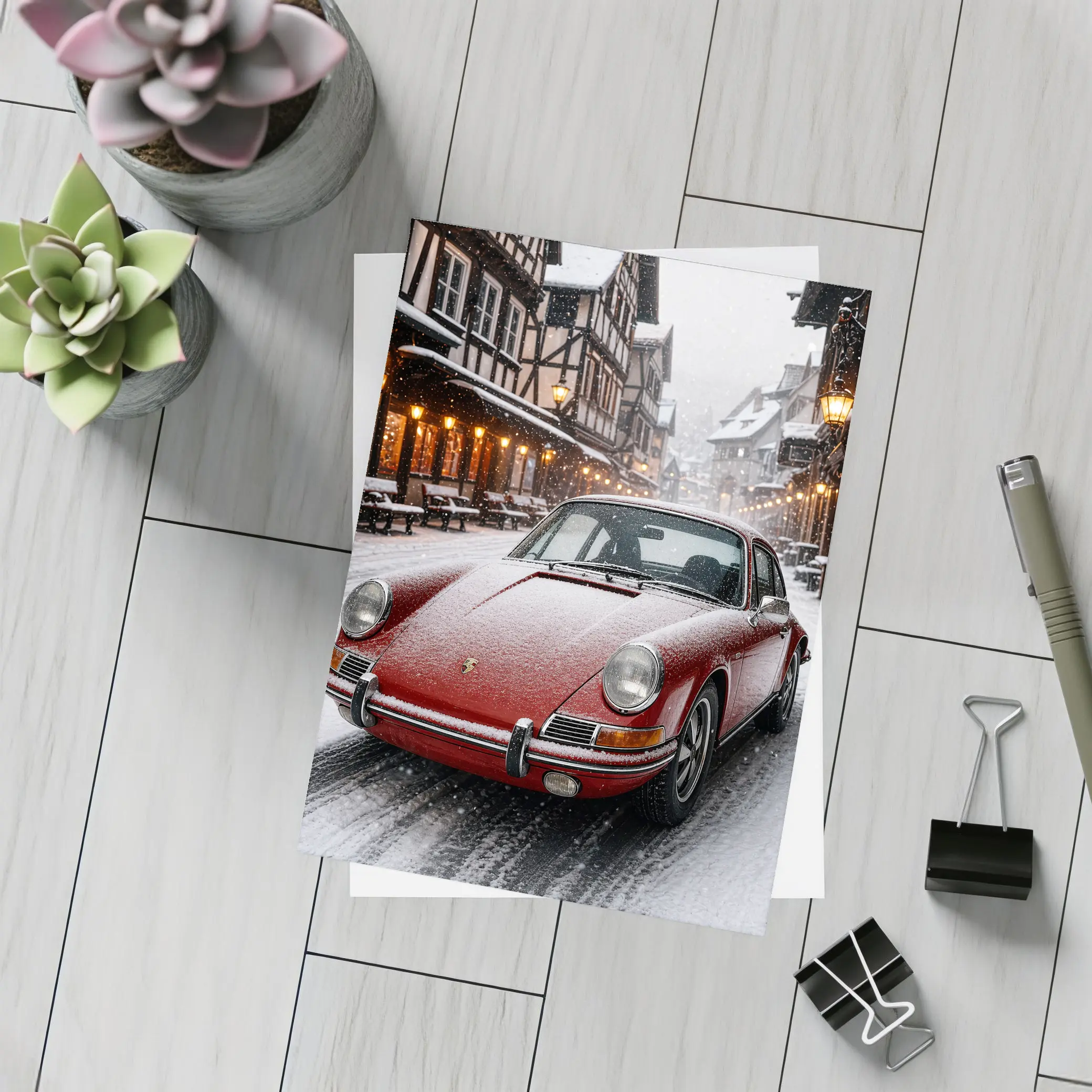 Red Porsche 911 Snowy European Village Street – Postcards