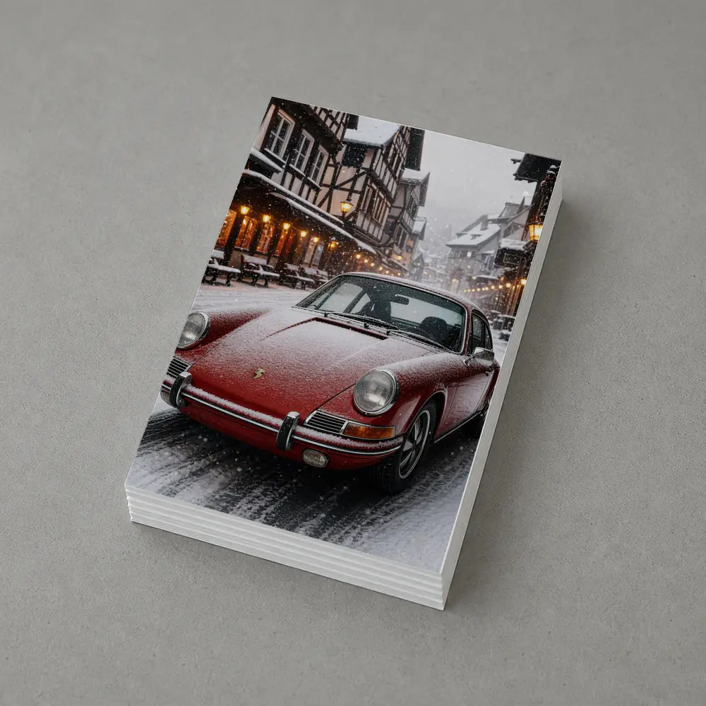 Red Porsche 911 Snowy European Village Street – Postcards