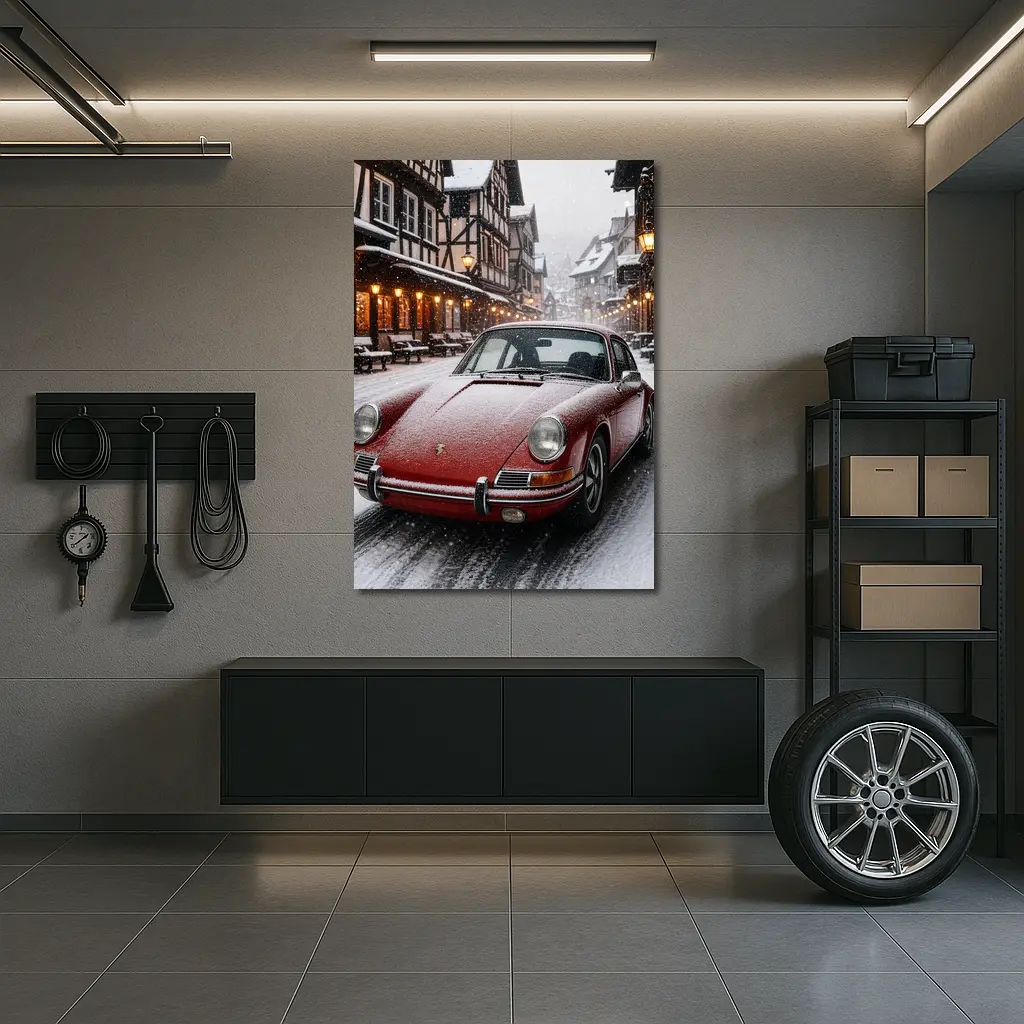 Red Porsche 911 Snowy European Village Street – Wall Art