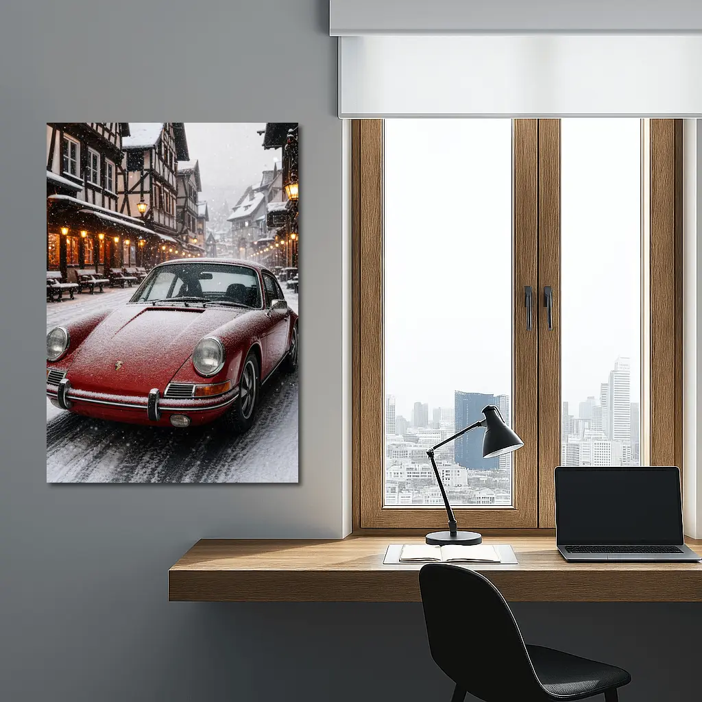 Red Porsche 911 Snowy European Village Street – Wall Art