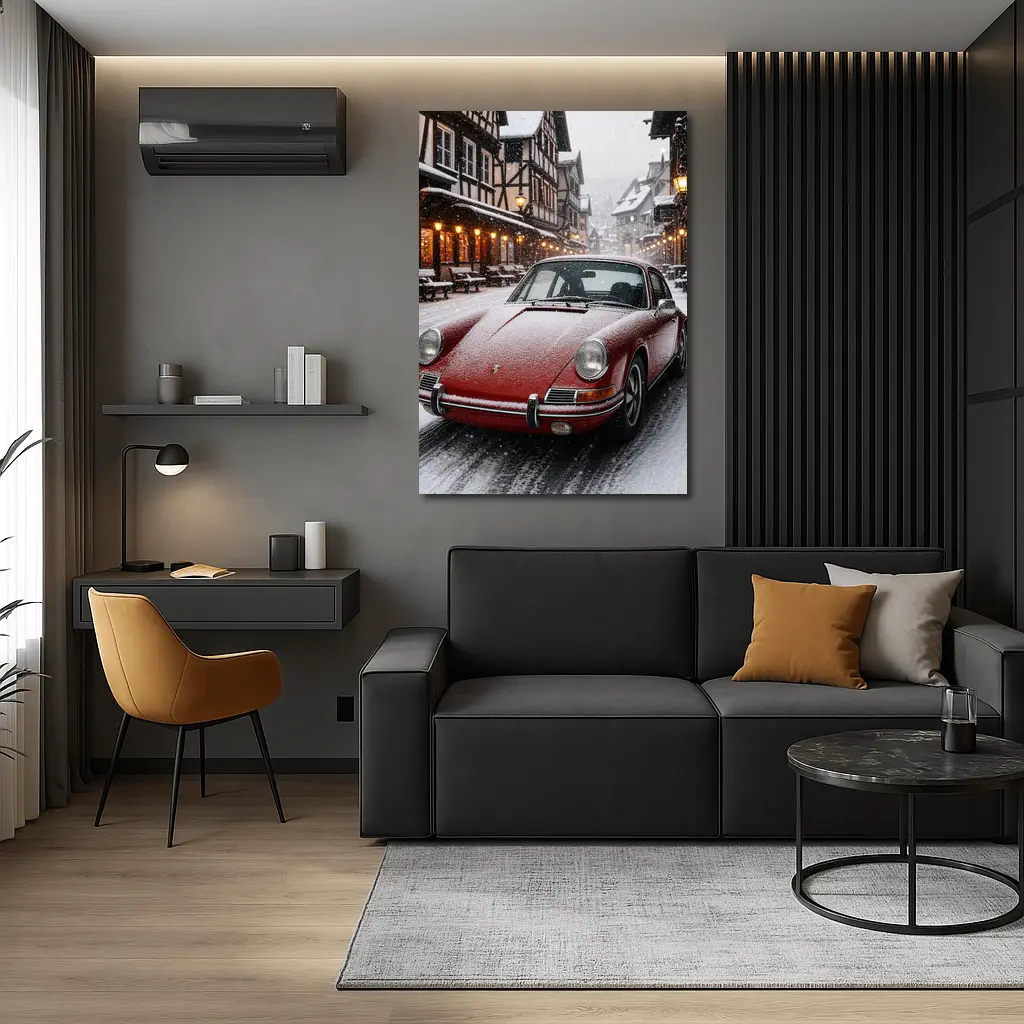 Red Porsche 911 Snowy European Village Street – Wall Art