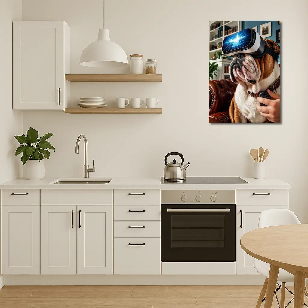 English Bulldog Wearing VR Headset Indoors – Wall Art