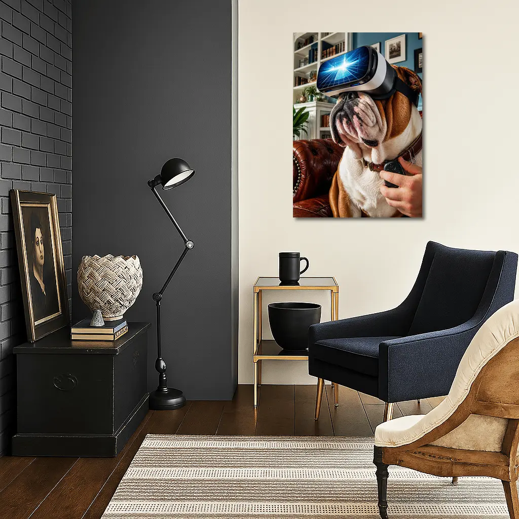 English Bulldog Wearing VR Headset Indoors – Wall Art