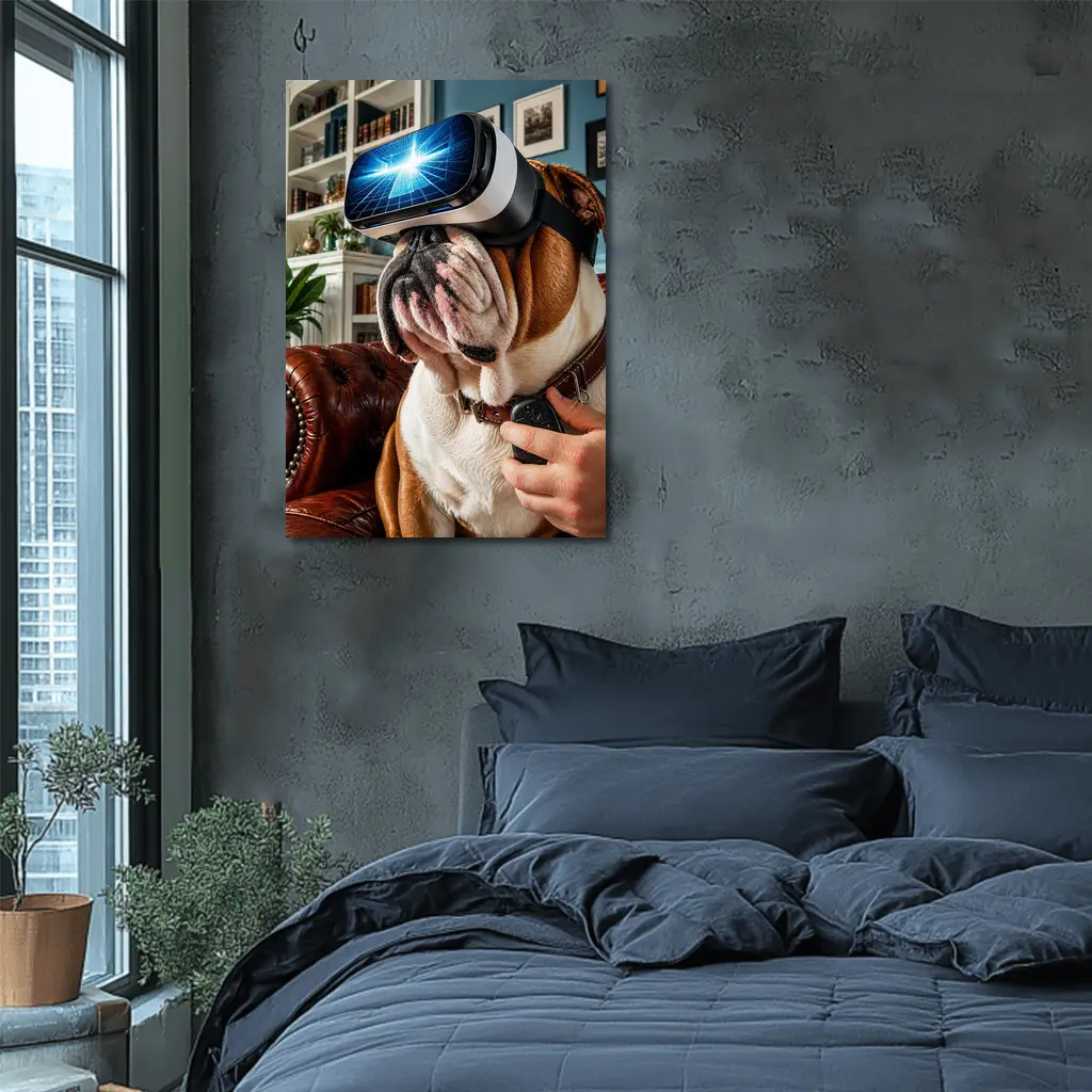 English Bulldog Wearing VR Headset Indoors – Wall Art