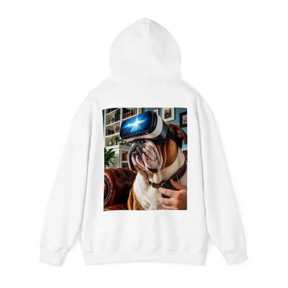 English Bulldog Wearing VR Headset Indoors – Hoodies
