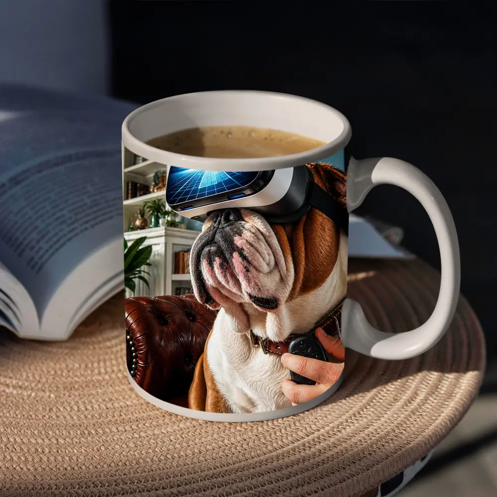 English Bulldog Wearing VR Headset Indoors – Mugs
