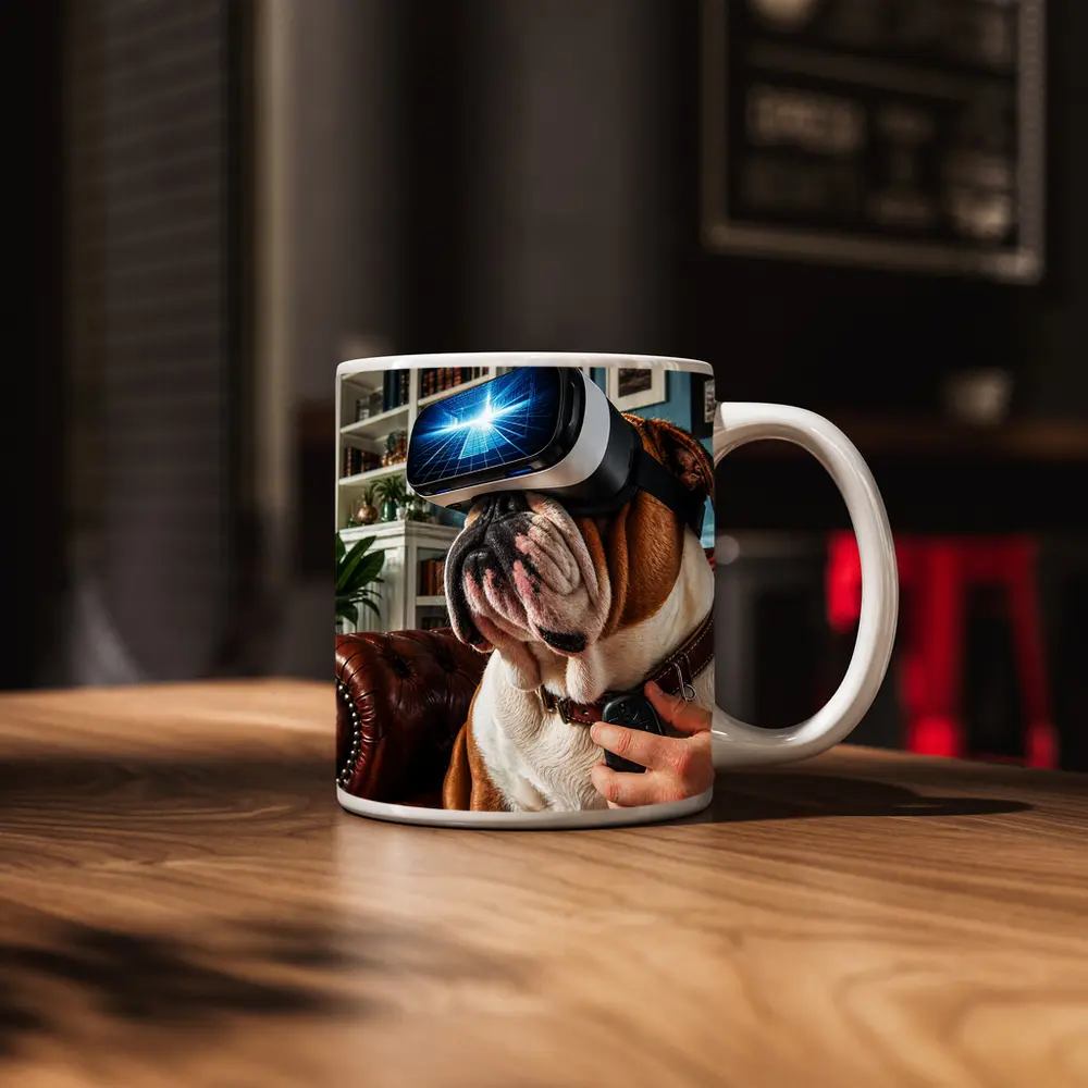 English Bulldog Wearing VR Headset Indoors – Mugs