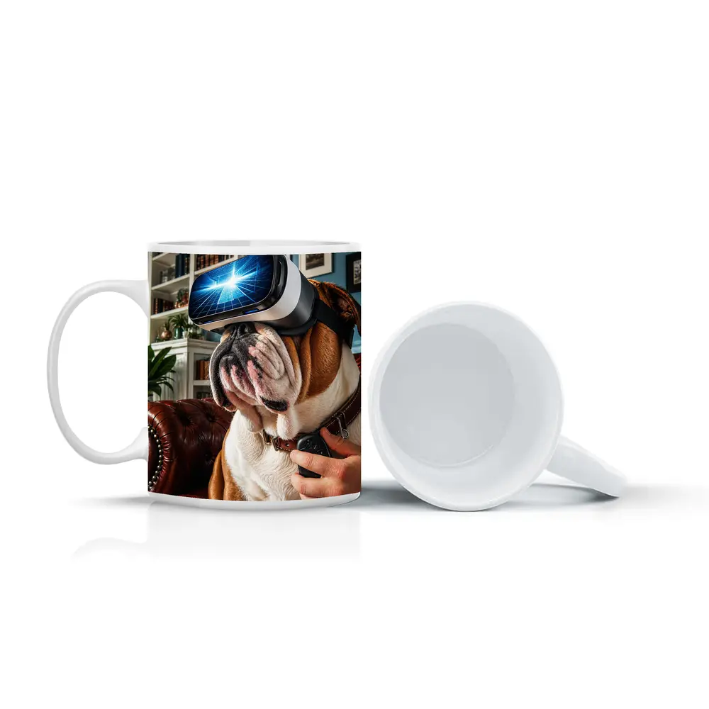English Bulldog Wearing VR Headset Indoors – Mugs