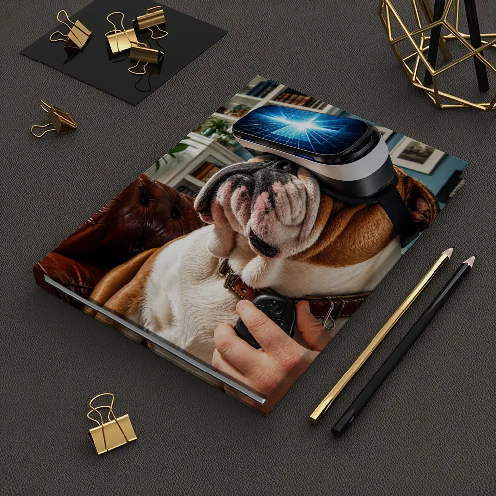 English Bulldog Wearing VR Headset Indoors – Notebooks