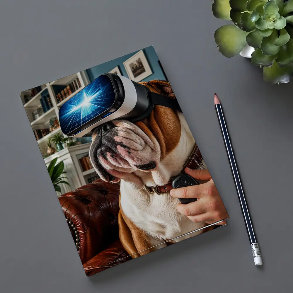 English Bulldog Wearing VR Headset Indoors – Notebooks