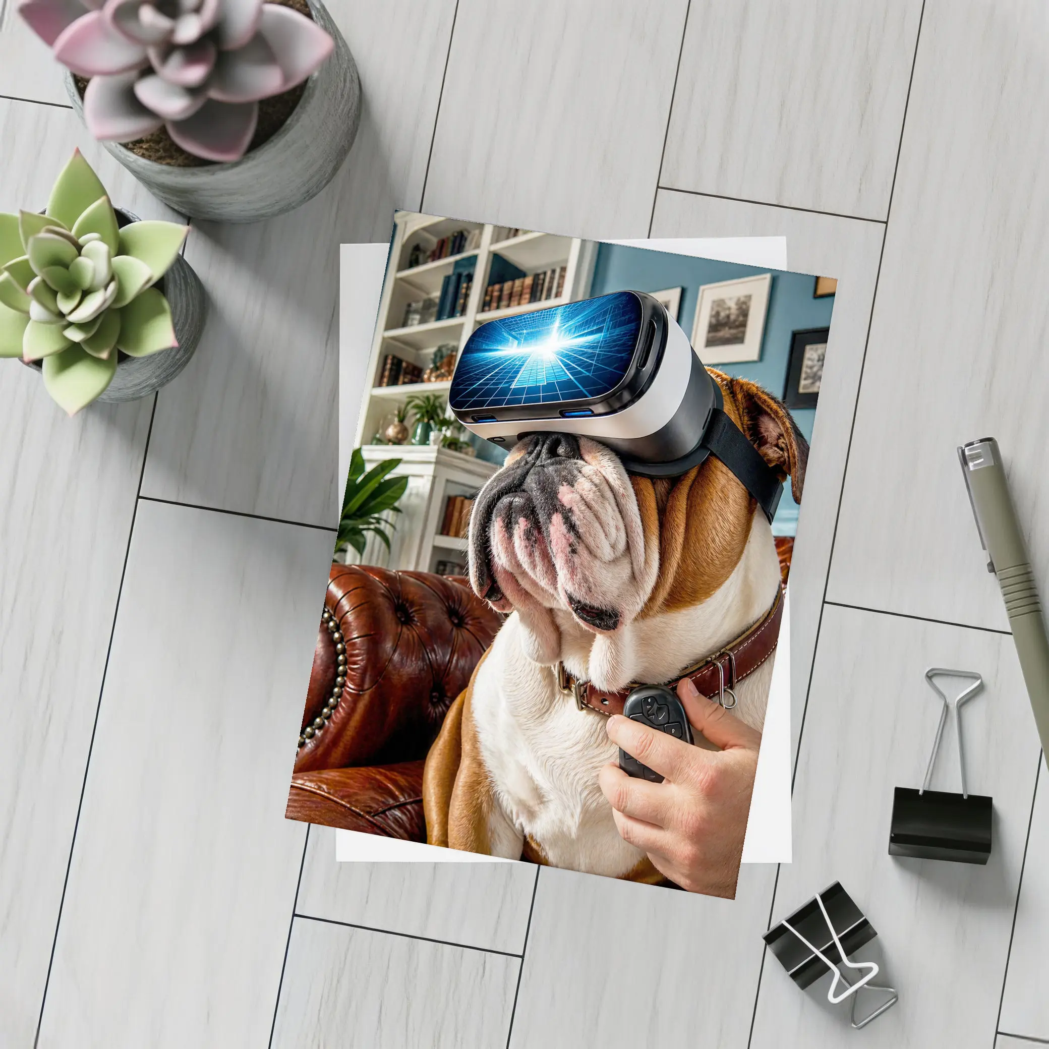English Bulldog Wearing VR Headset Indoors – Postcards