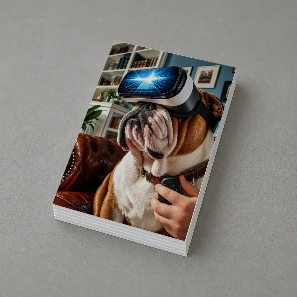 English Bulldog Wearing VR Headset Indoors – Postcards