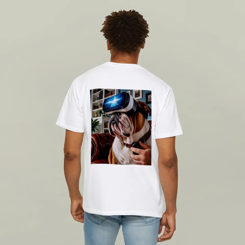 English Bulldog Wearing VR Headset Indoors – T-Shirts