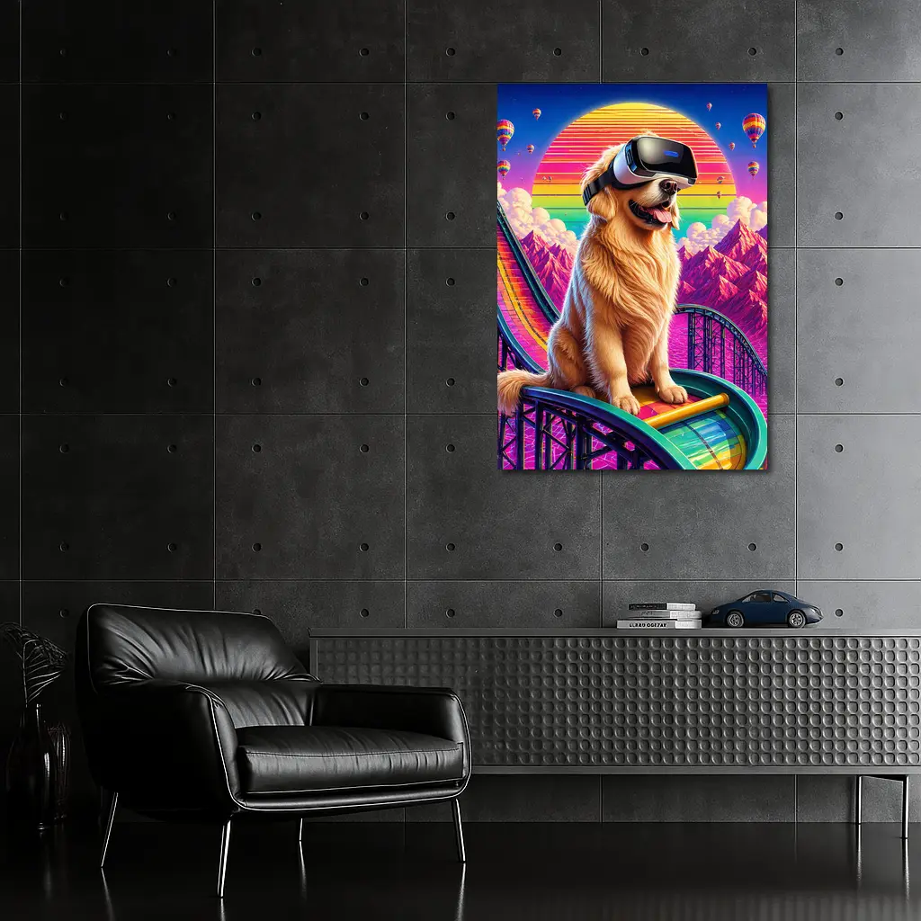 Golden Retriever VR Headset Retro Synthwave Sunset – Wall Art