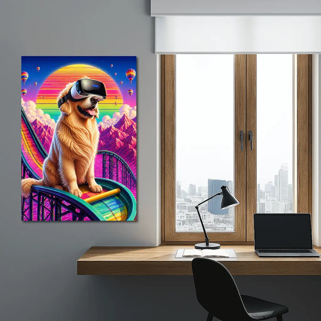 Golden Retriever VR Headset Retro Synthwave Sunset – Wall Art