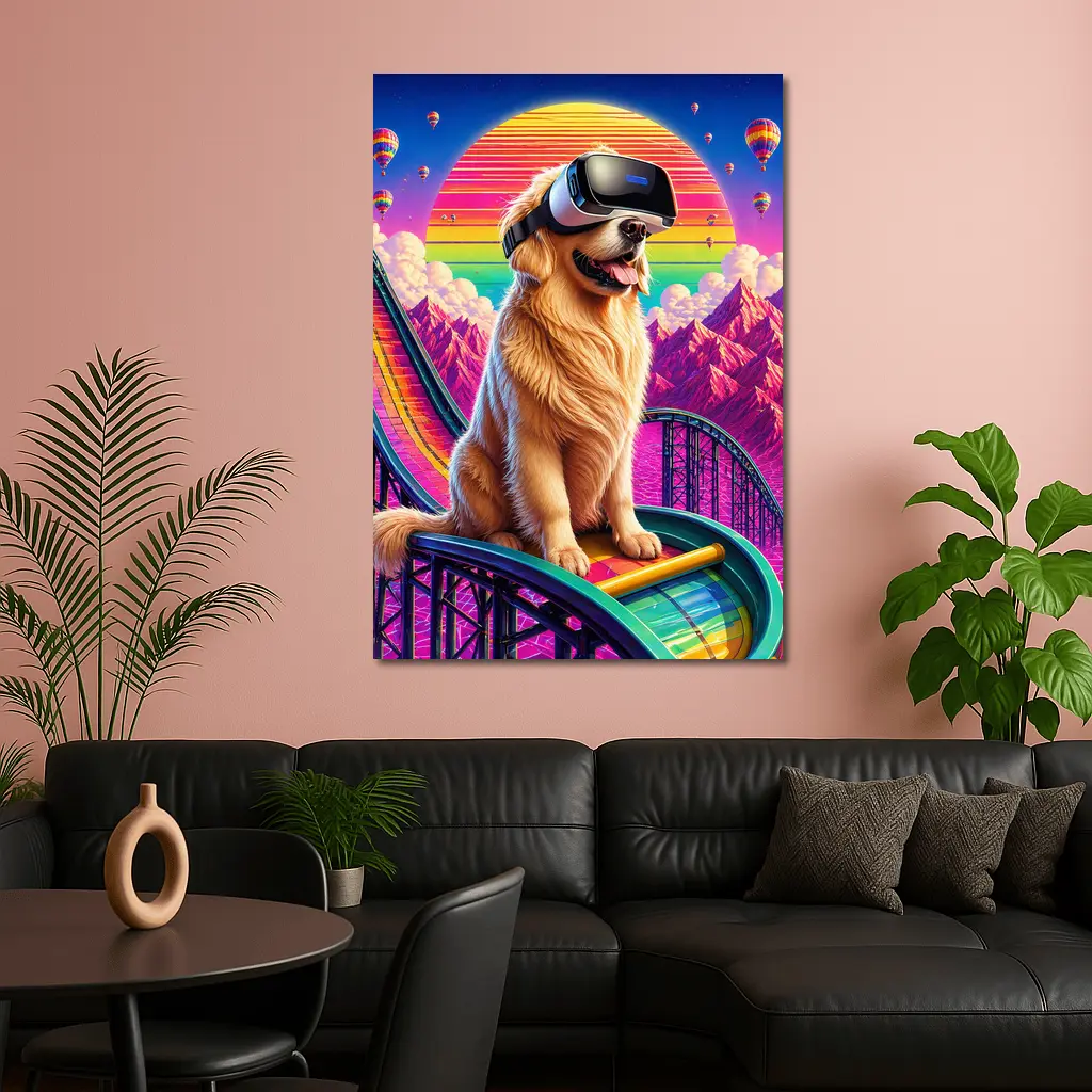 Golden Retriever VR Headset Retro Synthwave Sunset – Wall Art