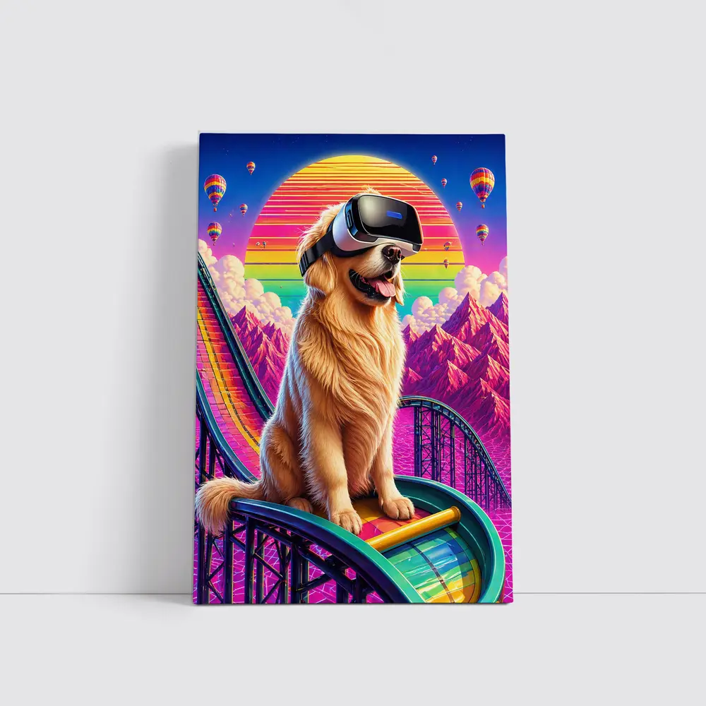 Golden Retriever VR Headset Retro Synthwave Sunset – Wall Art