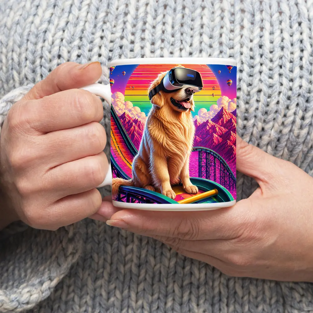 Golden Retriever VR Headset Retro Synthwave Sunset – Mugs