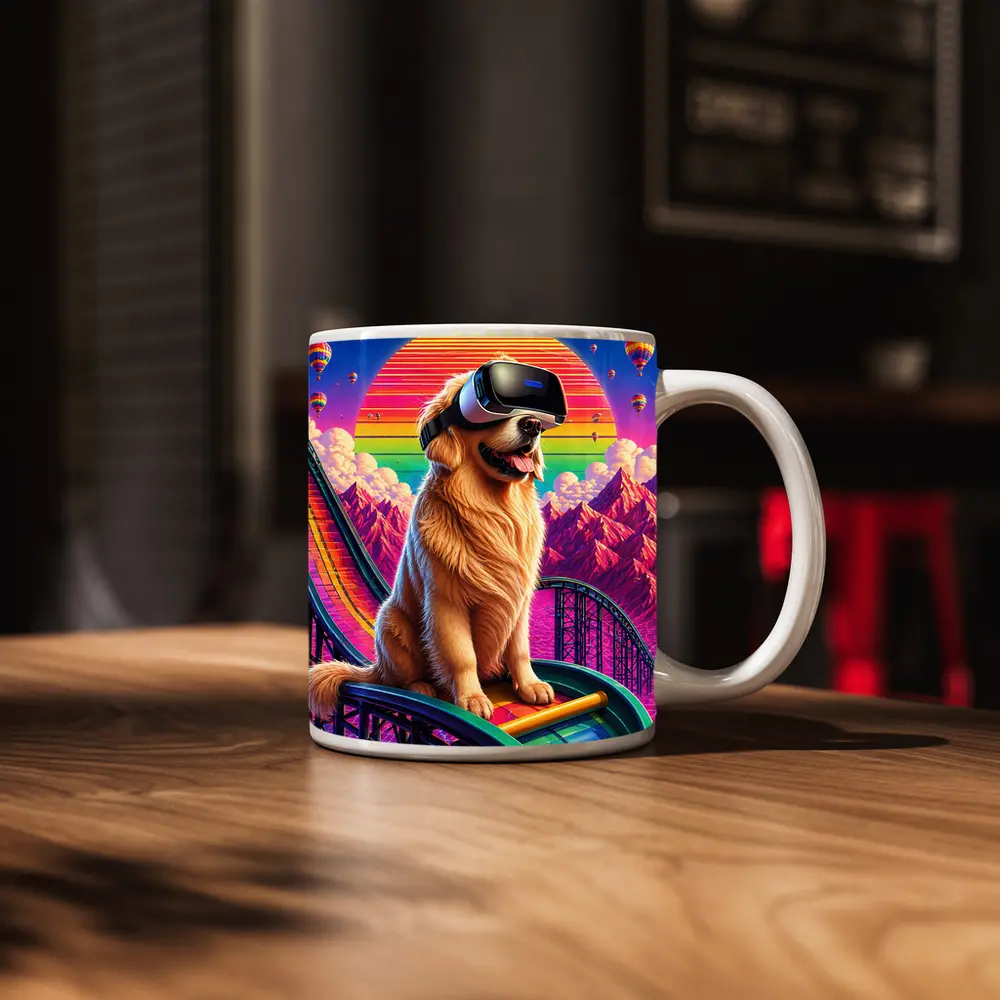Golden Retriever VR Headset Retro Synthwave Sunset – Mugs